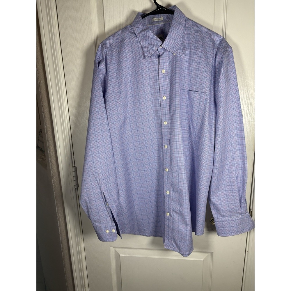 Peter Millar Men's Large Button Down Shirt Lilac Blue Micro Plaid 100% Cotton